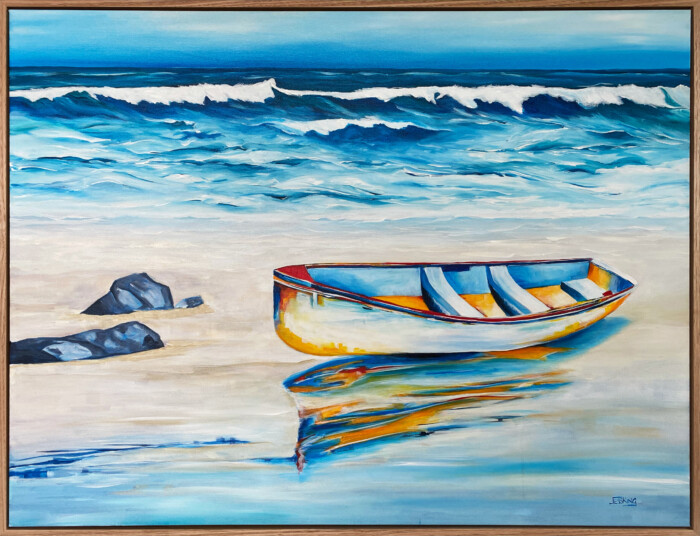 Boat resting on the beach. Jess King original acrylic painting.