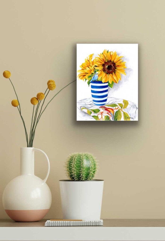 Sunflower and budgie still life painting by Jess King