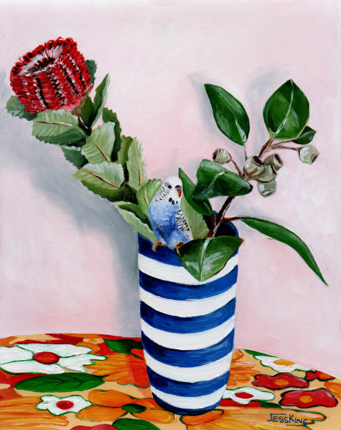 Australian native flower wit blue budgie in Hamptons blue and white vase by Jess King