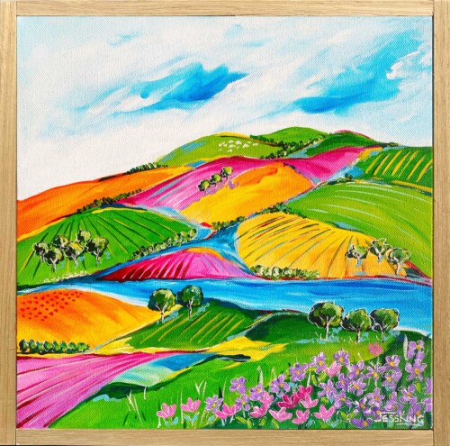 Original painting by Jess King artist, a river runs through colorful landscape with rolling hills