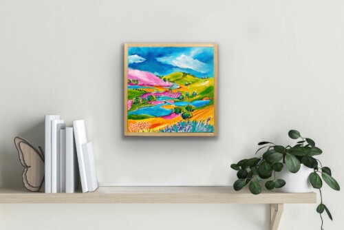 Original painting by Jess King artist, a river runs through colorful landscape with rolling hills