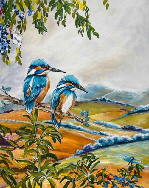 Crown of Kingfishers mixed media original painting on board by Jess King