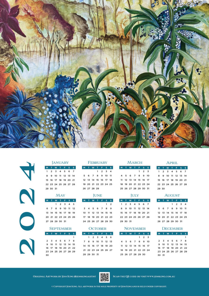 A3 Calendar with magnetic wood poster hanger. Artwork by Jess King