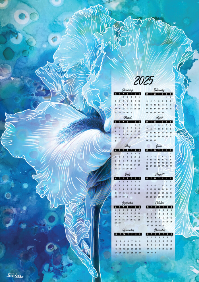 2025 Calendar Blue Iris alcohol Ink backgroundA3 print by Jess King Artist