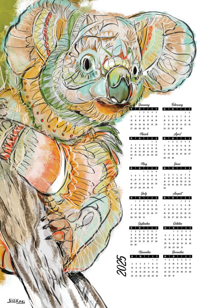 2025 Calendar Koala Bear in Line Drawing A3 print by Jess King Artist