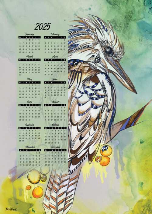 2025 Calendar Kookaburra Wattle with Alcohol Ink background A3 print by Jess King Artist