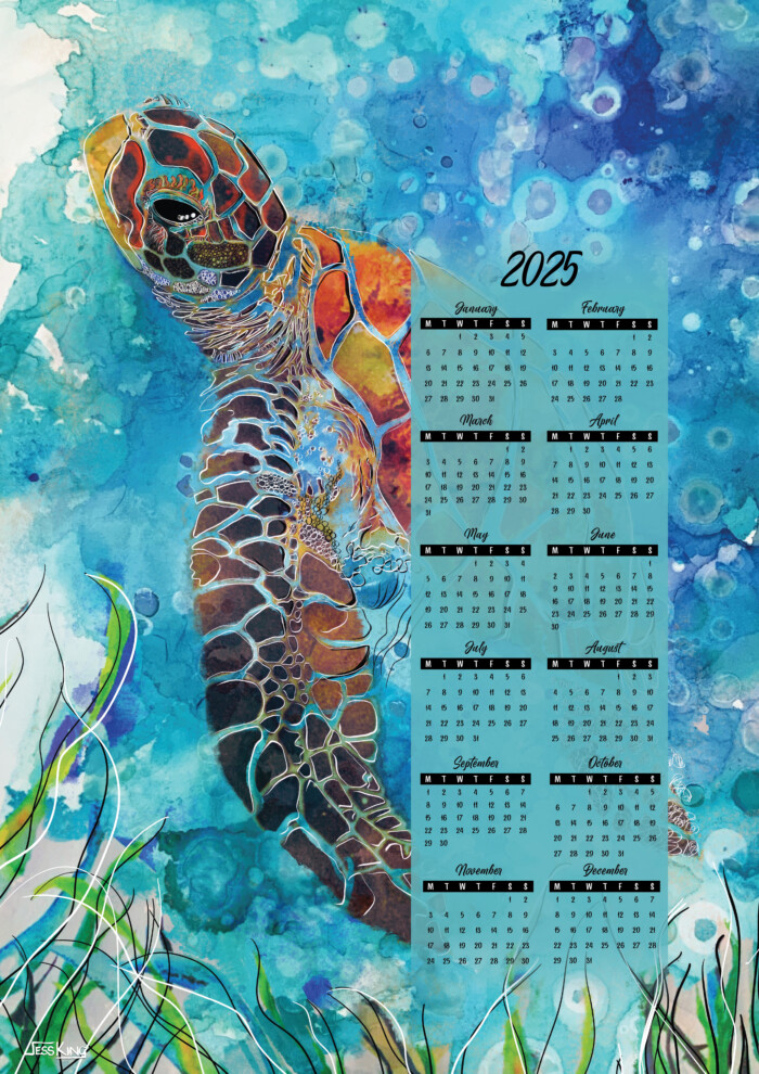 2025 Calendar Turtle Ink with Alcohol Ink background A3 print by Jess King Artist