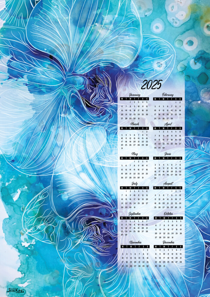 2025 Calendar Blue Orchid alcohol Ink backgroundA3 print by Jess King Artist