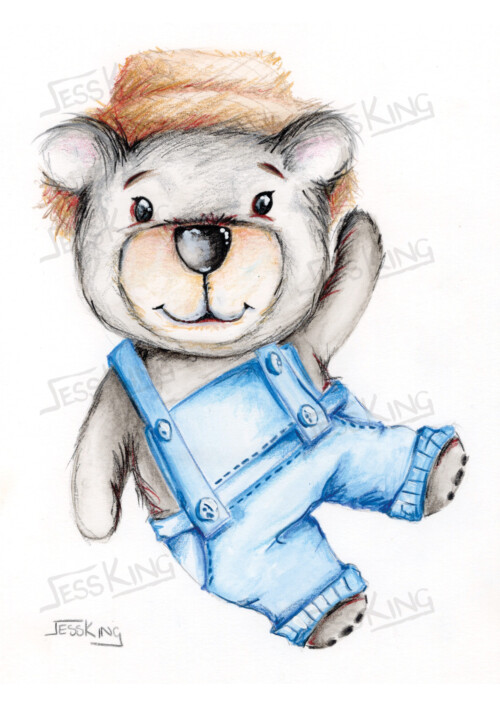 Teddy bear with dungarees and straw hat illustrated by Jess King ideal for boys room decor or baby nursery