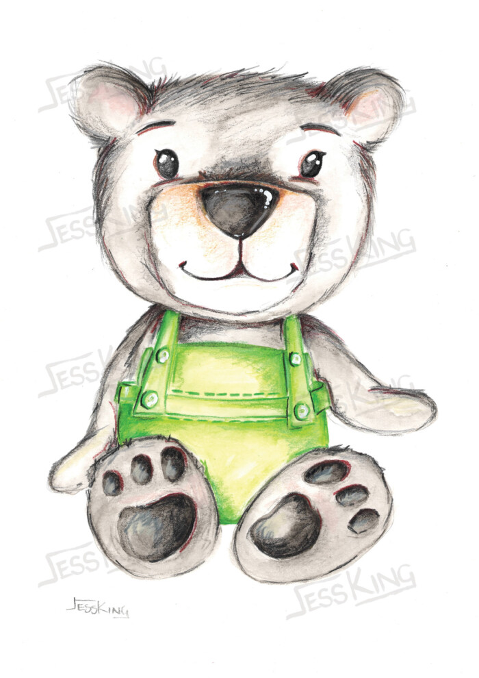 Teddy bear with green dungarees illustrated by Jess King ideal for boys room decor or baby nursery