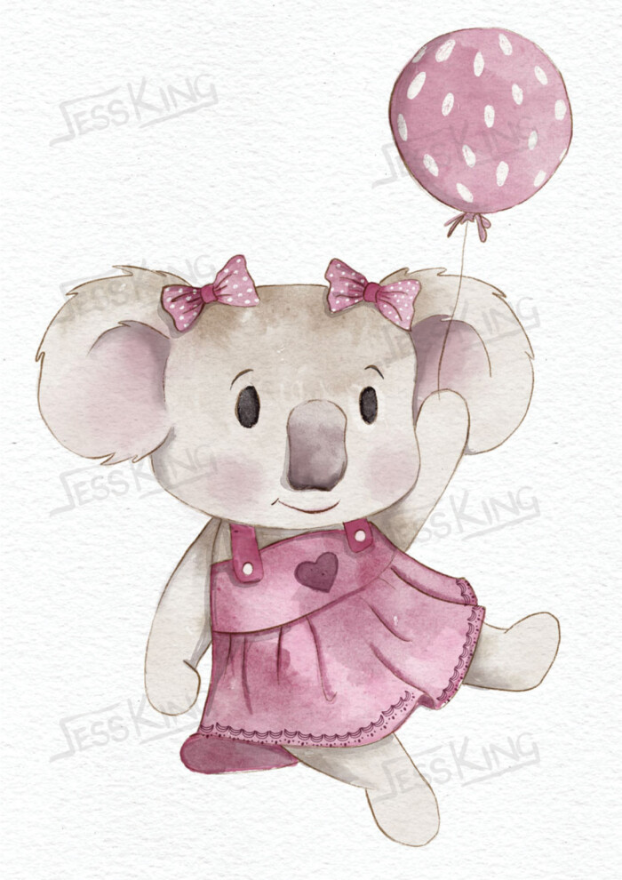 Koala bear girl with heart dress and balloon illustrated by Jess King ideal for girls room decor or baby nursery