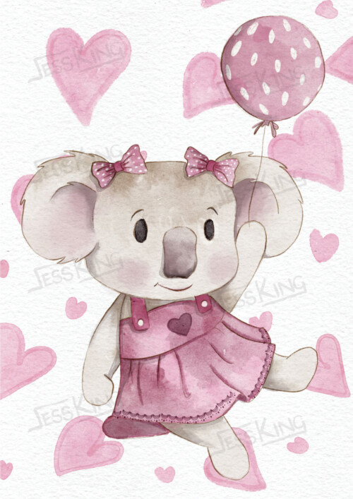 Koala bear girl with heart dress and floating balloon illustrated by Jess King