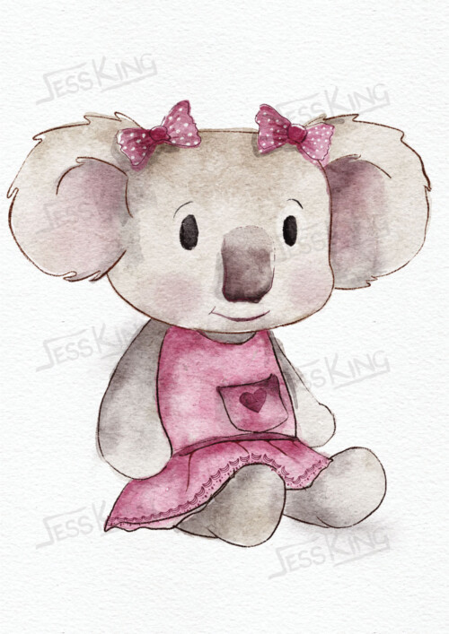 Original drawing by Jess King Artist of a Koala bear in a pink dress sitting with pink bows.