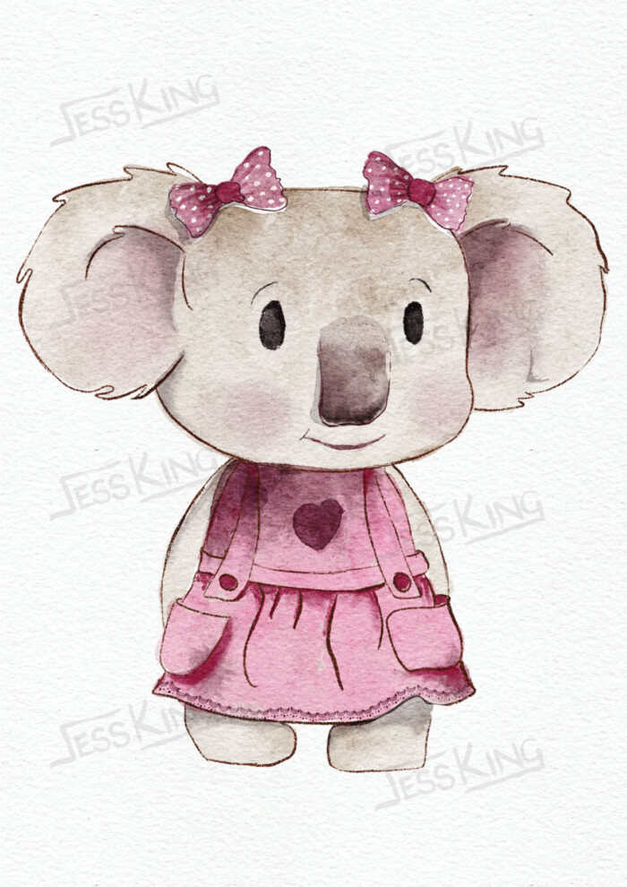 Koala bear girl with heart dress illustrated by Jess King ideal for girls room decor or baby nursery