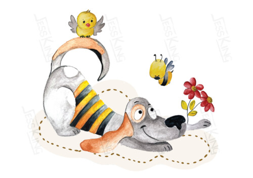 Cute Basset dog on a cloud with a little bee and bird illustration by Jess King Artist. Perfect for decorating a kids room or nursery.