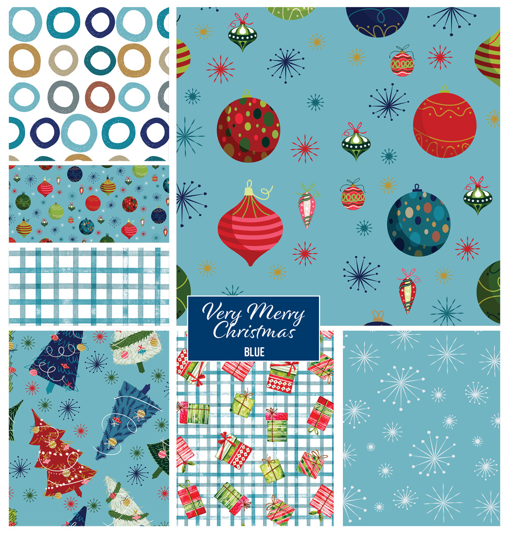 Christmas surface pattern designs by Jess King Artist. Christmas presents, Christmas trees, Christmas ornaments, hand illustrated Christmas images for use on home decor, wrapping, stationery and more