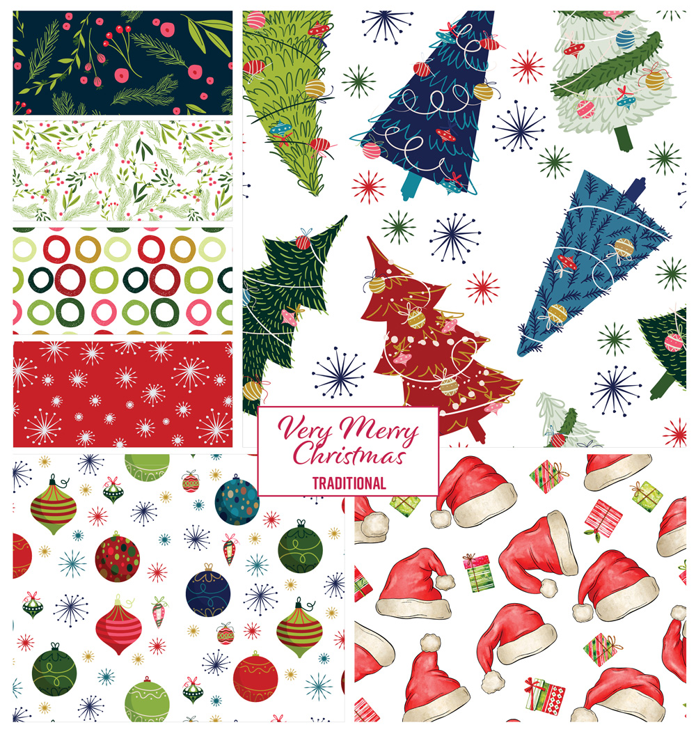 Christmas surface pattern designs by Jess King Artist. Christmas presents, Christmas trees, Christmas ornaments, hand illustrated Christmas images for use on home decor, wrapping, stationery and more