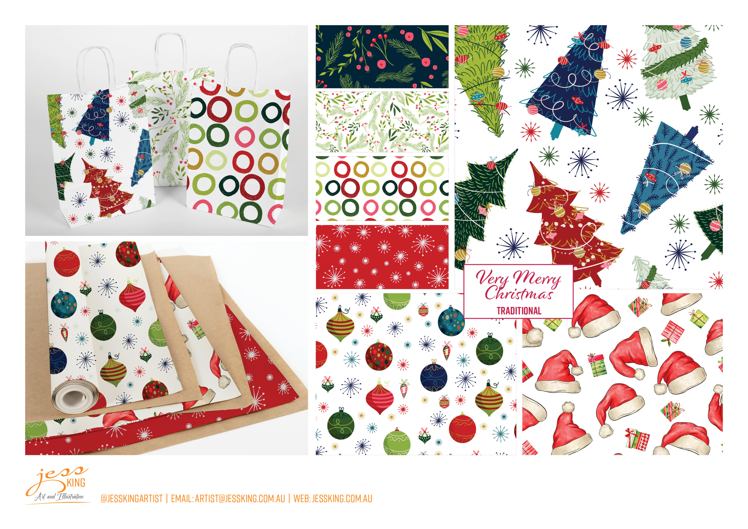 Christmas surface pattern designs by Jess King Artist. Christmas presents, Christmas trees, Christmas ornaments, hand illustrated Christmas images for use on home decor, wrapping, stationery and more