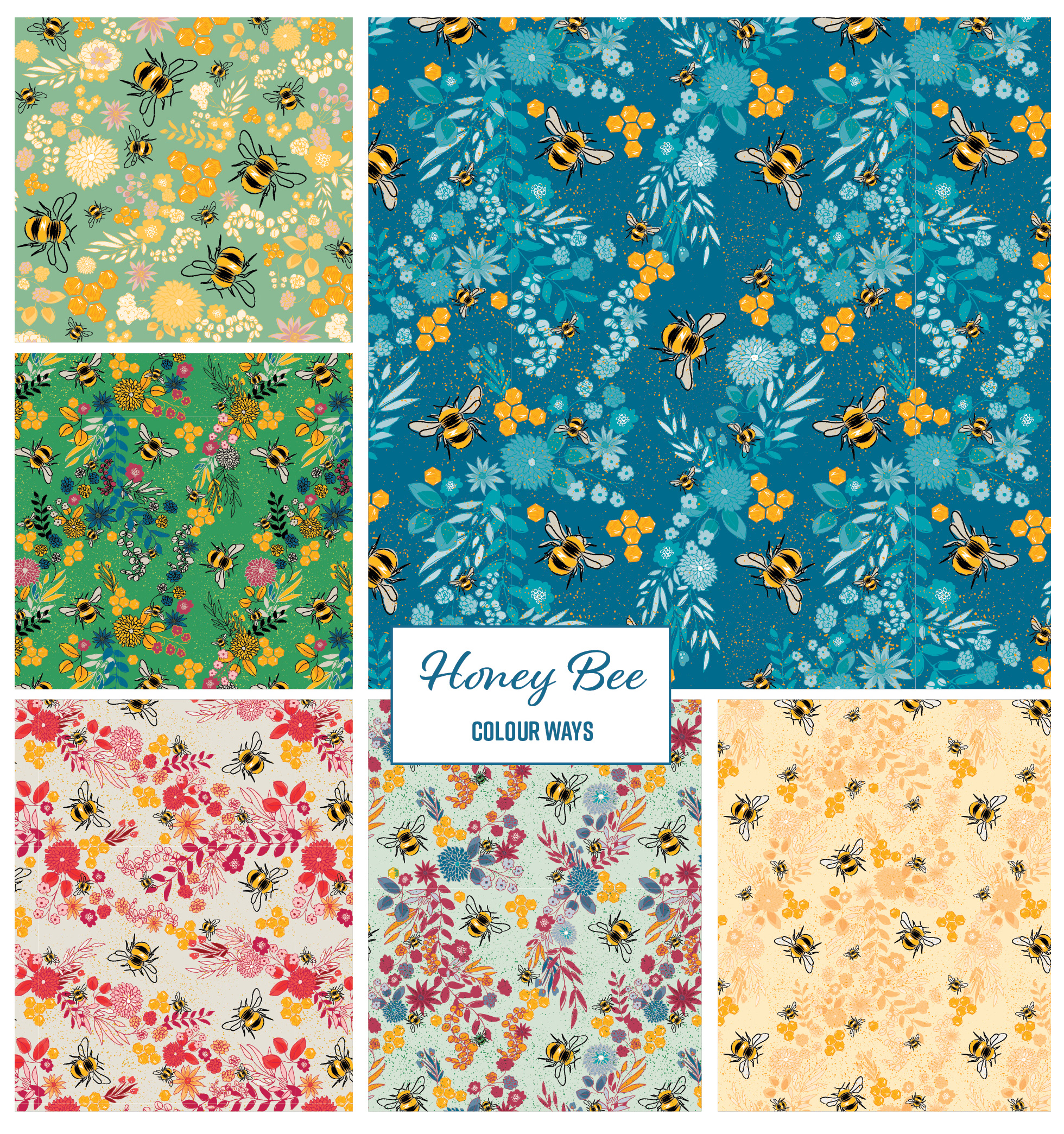 Honey Bee pattern design in multiple colour ways designed by Jess King Artist