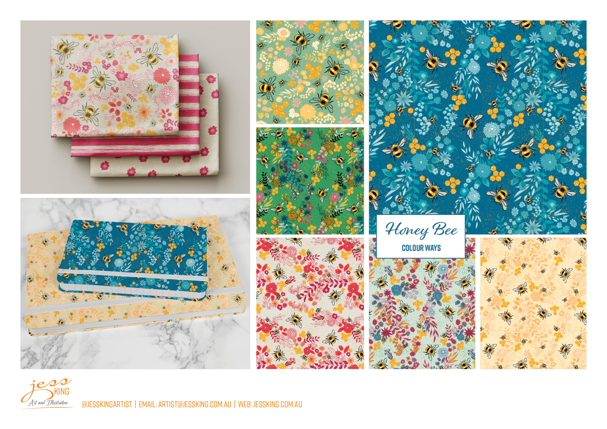 Honey bee patterns in multiple colour ways by Jess King