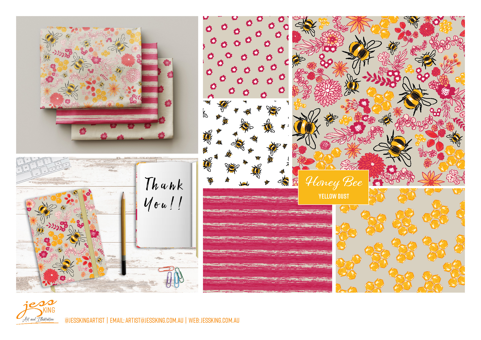 Honey Bee Yellow Dust pattern collection by Jess King Artist