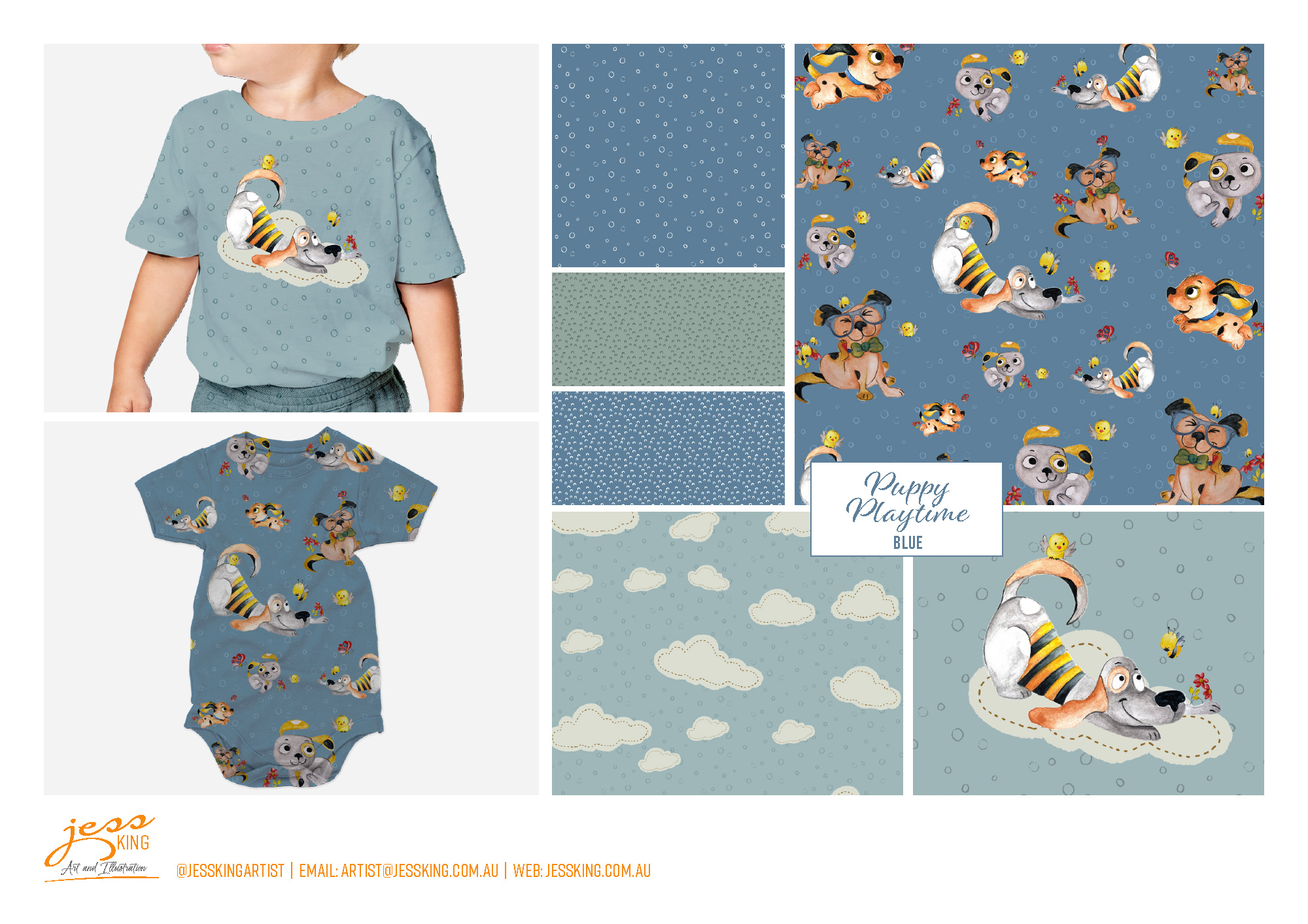 Puppy playtime in blue pattern collection by Jess King Artist