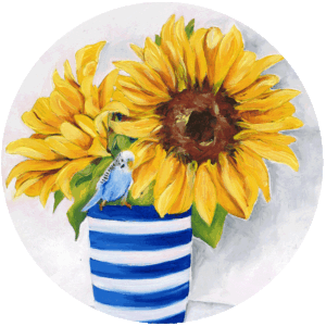 Sunflowers in blue white striped hamsters vase on a table cloth original art by Jess King Artist