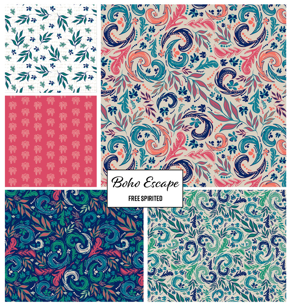 Boho paisley pattern design in multiple colourways ideal for fabric, wallpaper and stationery by Jess King Artist