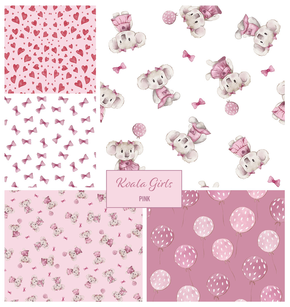 Koala bear in pink dress perfect for a baby nursery or as wallpaper for a girls room. Buy fabric and make your own clothing. Illustrated by Jess King Artist