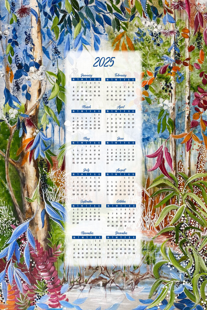 2025 calendar tea towel by jess king #originalart #teatowel #homedecor #2025calendar #jesskingartist