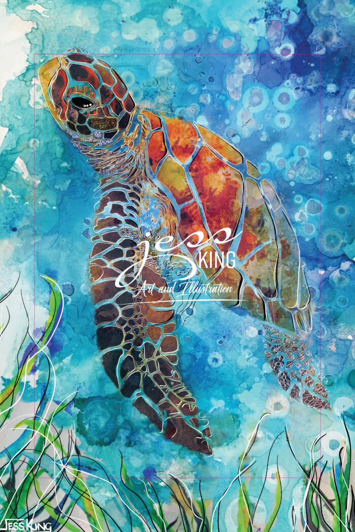 Turtle original art on ink background tea towel by Jess King artist