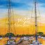 2 boats moored on a jetty with a beautiful orange sunset original art by Jess King Artist tea towel