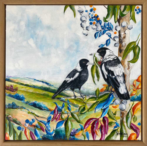 Magpie romance painting by Jess King Artist