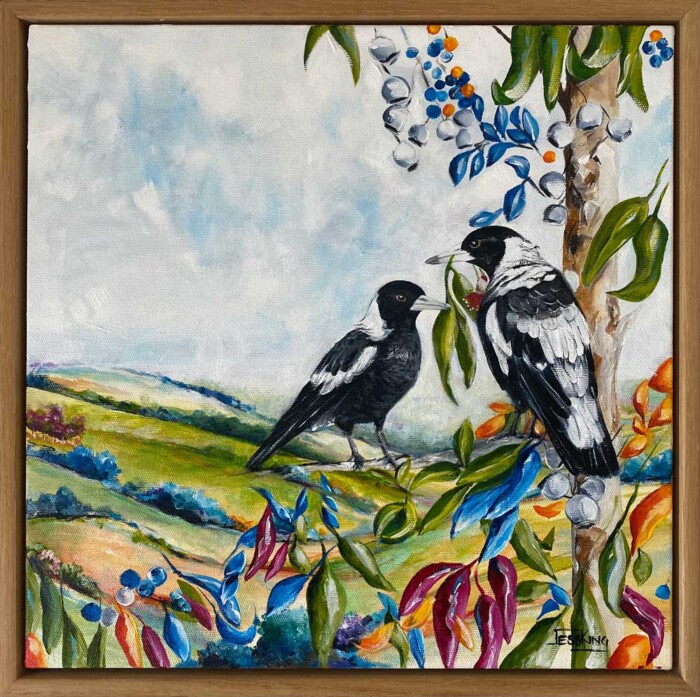 Magpie Romance framed in oil by Jess King Artist