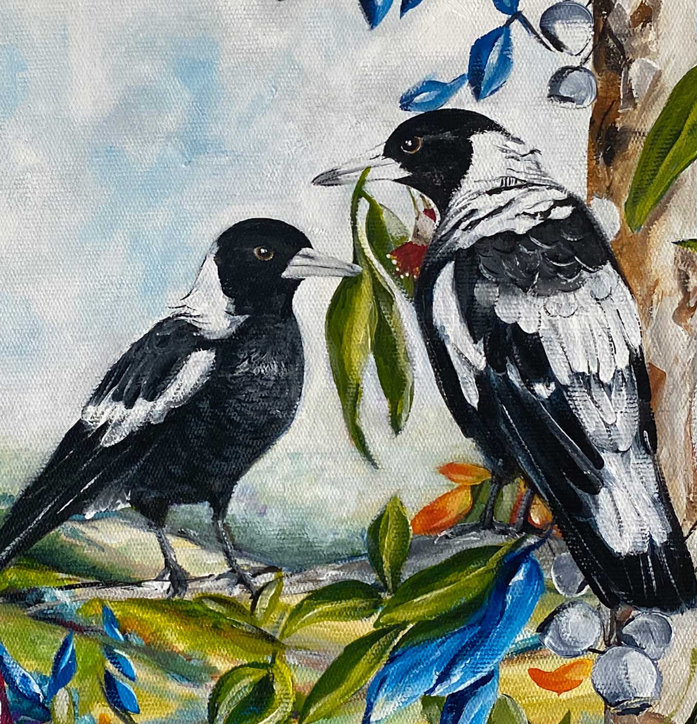 Magpie romance painting by Jess King Artist