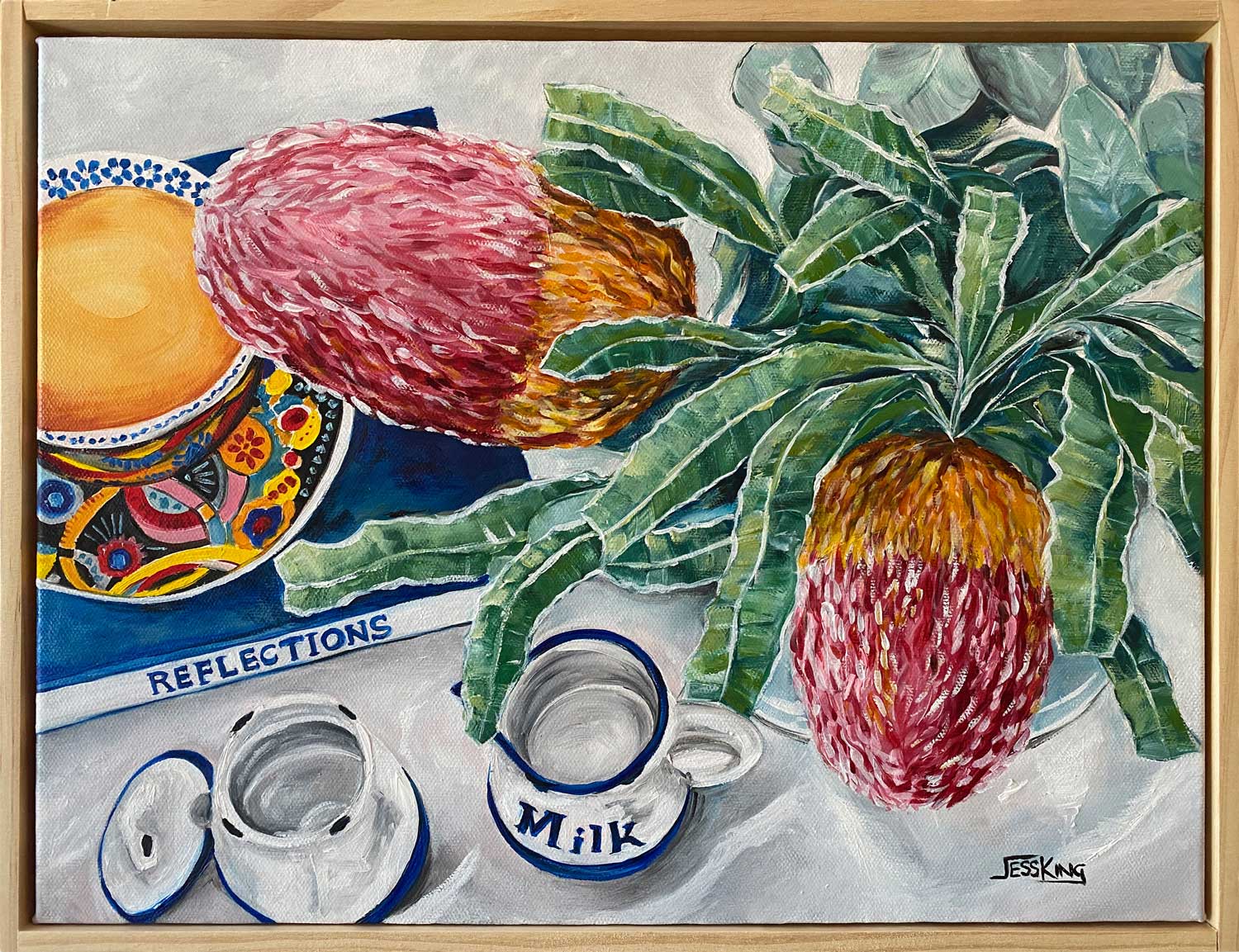 Banksia and Breakfast Tea still life oil painting by Jess King Artist