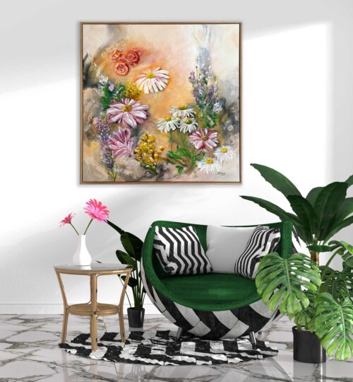 Daisy Delightful Garden abstract flower painting in oils by Jess King Artist
