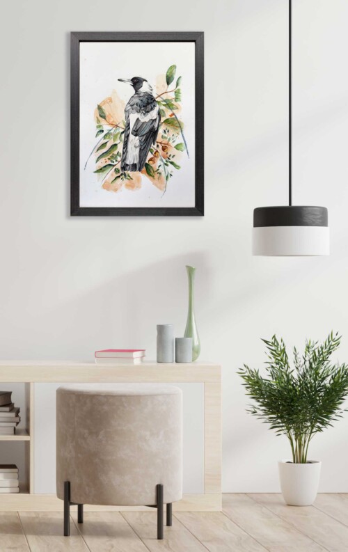 Maggie Magpie watercolour artowrk on paper, framed by Jess King Artist