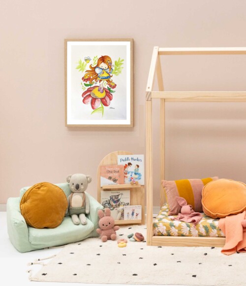 Lemon fairy in yellow dress wall art for a Childs bedroom decor by Jess King Artist