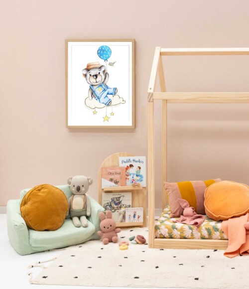 Bear floating with blue balloons and yellow stars hand drawn illustration for Childs room wall decor by Jess King Artist