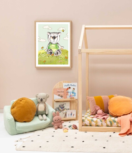 Cute bear in green sitting in a flower field illustration for kids room decor by Jess King Artist