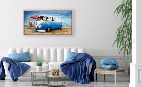 Aussie 2 blue combi kmobi van art print by Jess King Artist