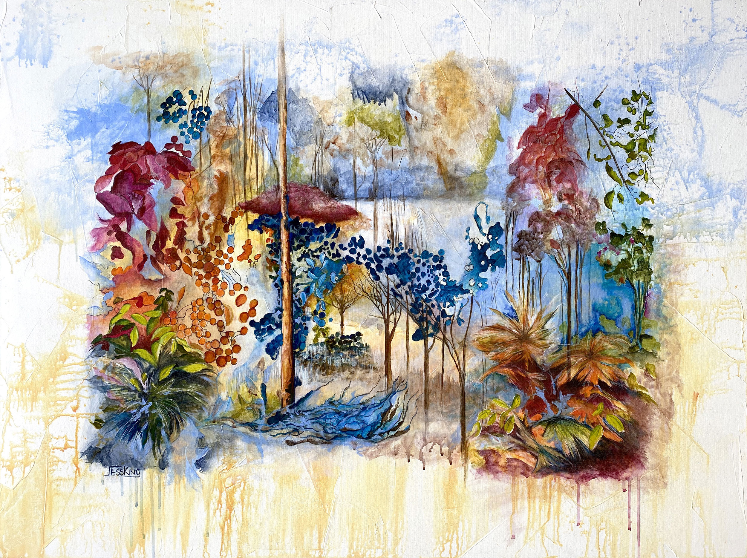 Aussie Bush 1 art print represents the Australian bush in a unique style by Jess King Artist.