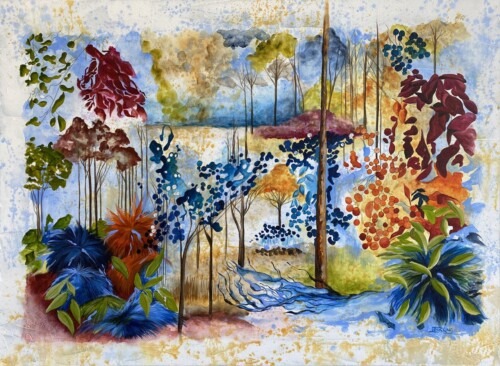 Aussie Bush 5 contemporary art print represents the Australian bush in a unique style by Jess King Artist.