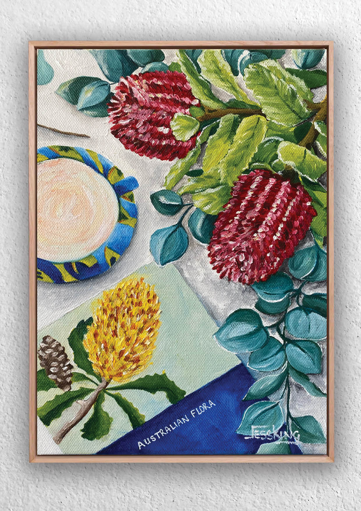 Aussie Morning Tea art print of banksias and a cup of tea still life by Jess King Artist