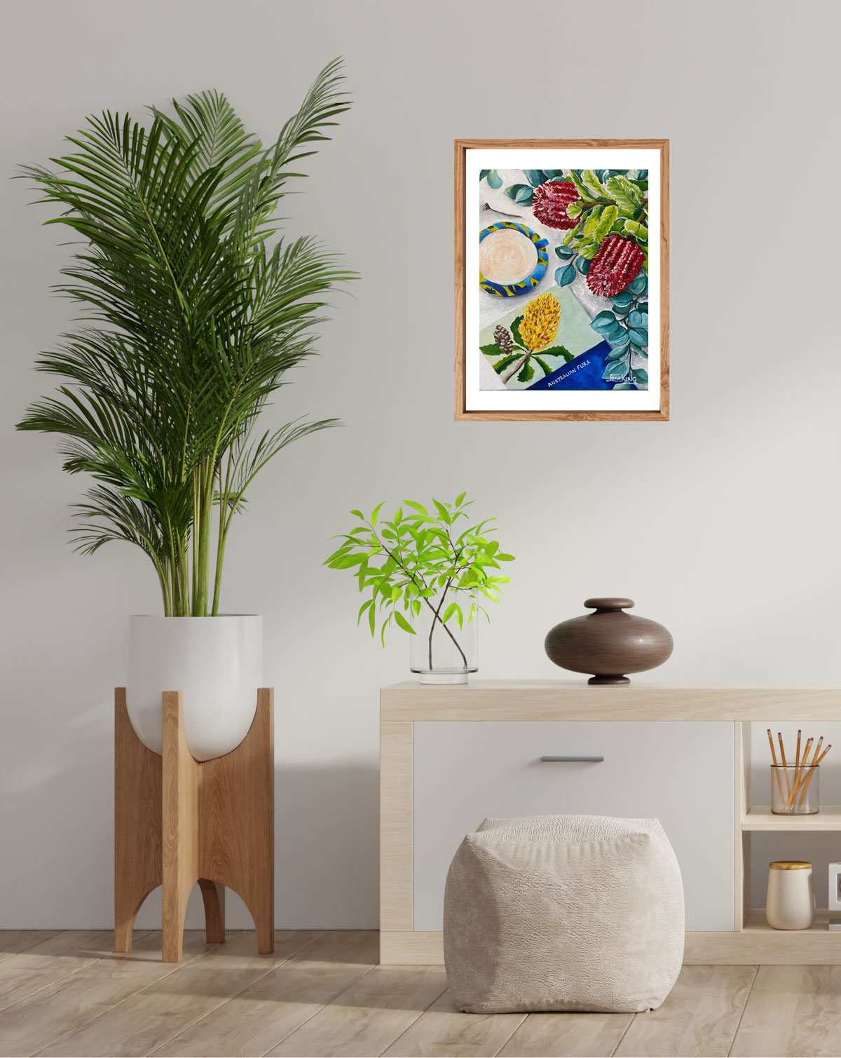 Aussie Morning Tea art print of banksias and a cup of tea still life by Jess King Artist
