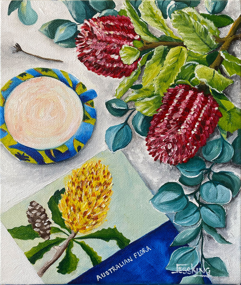 Aussie Morning Tea art print of banksias and a cup of tea still life by Jess King Artist