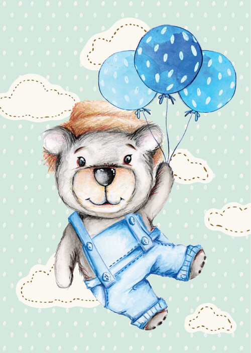 Bear floating with blue balloons hand drawn illustration for Childs room wall decor by Jess King Artist