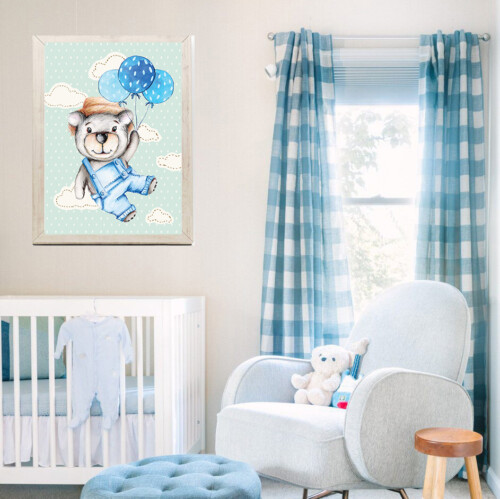 Bear floating with blue balloons hand drawn illustration for Childs room wall decor by Jess King Artist