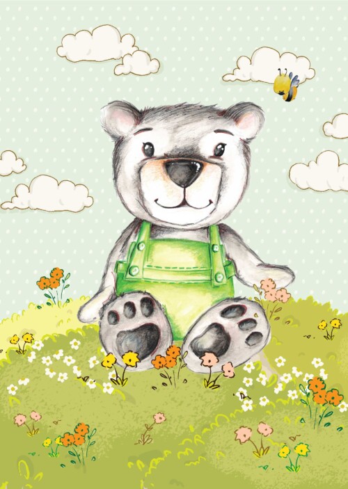 Cute bear in green sitting in a flower field illustration for kids room decor by Jess King Artist